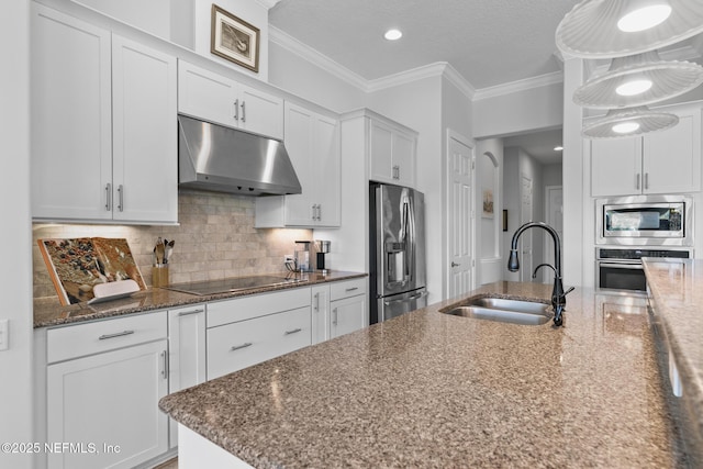 2095 Crown Dr, Saint Augustine, FL 32092 - kitchen with crown molding, under cabinet range hood, decorative backsplash, a sink, and appliances with stainless steel finishes