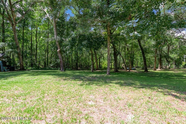 view of yard with a forest view