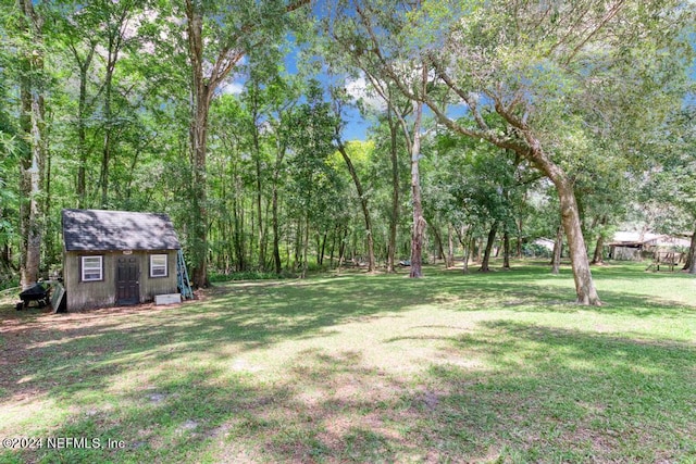 view of yard featuring an outbuilding and a storage shed