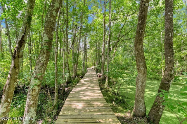 view of community featuring a wooded view