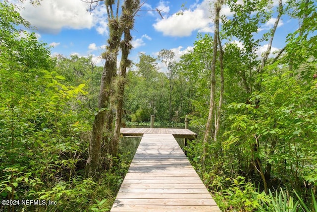 dock area featuring a forest view