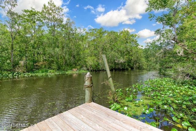 dock area with a water view and a wooded view