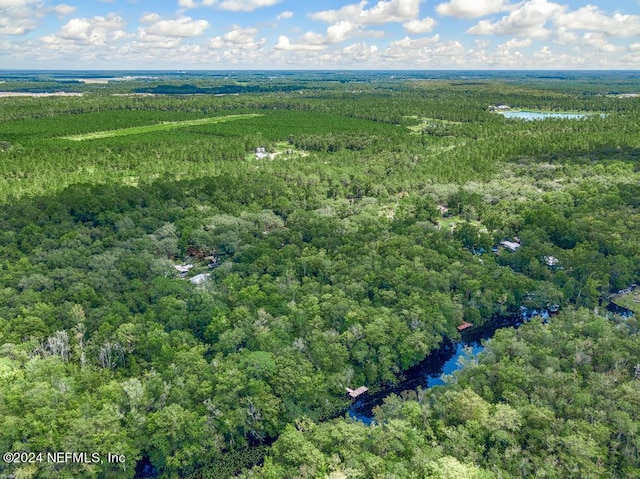 aerial view with a forest view and a water view