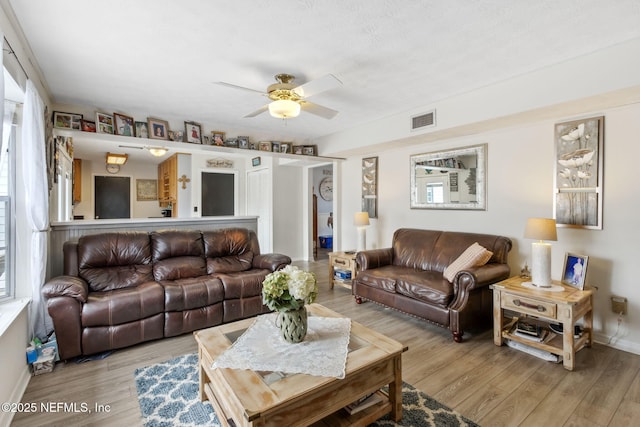 living room featuring a wealth of natural light, ceiling fan, and light wood-type flooring