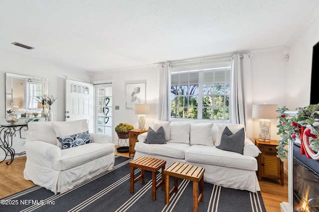 living room with ornamental molding and wood-type flooring