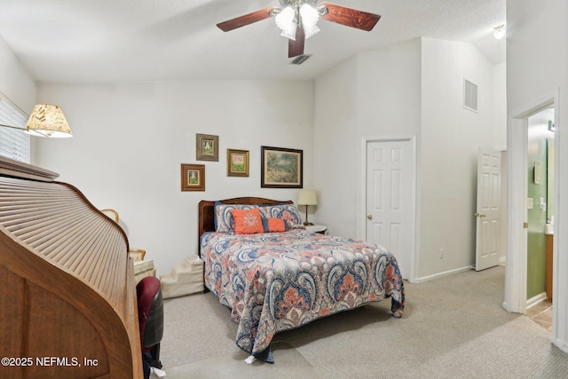 1336 River City St, Saint Augustine, FL 32092 - bedroom featuring visible vents, a ceiling fan, carpet flooring, vaulted ceiling, and baseboards