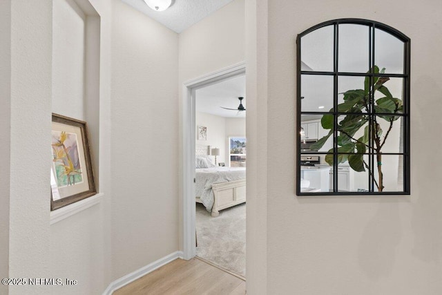 hallway with washer / dryer and light hardwood / wood-style floors