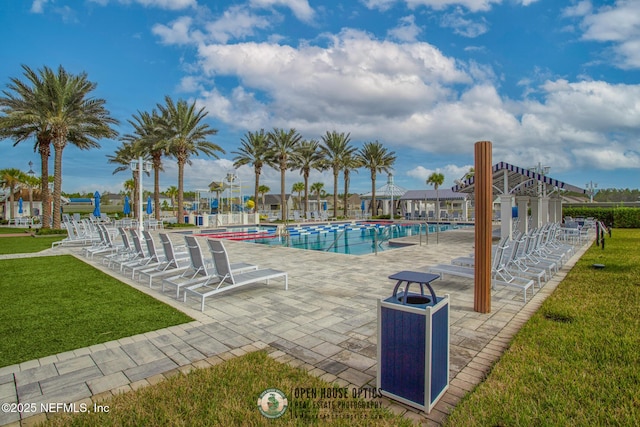 view of swimming pool with a patio area and a yard