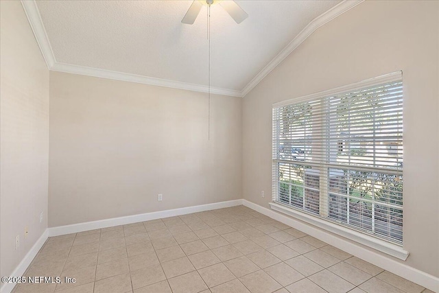 unfurnished room featuring crown molding, ceiling fan, lofted ceiling, and light tile patterned floors