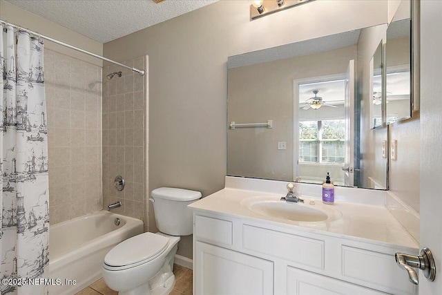 full bathroom with toilet, shower / tub combo, a textured ceiling, vanity, and ceiling fan