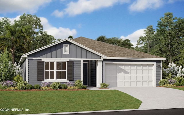 view of front of home with a garage and a front lawn