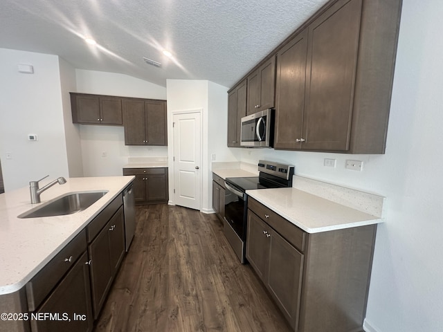 kitchen with dark brown cabinets, lofted ceiling, dark wood-style floors, stainless steel appliances, and a sink