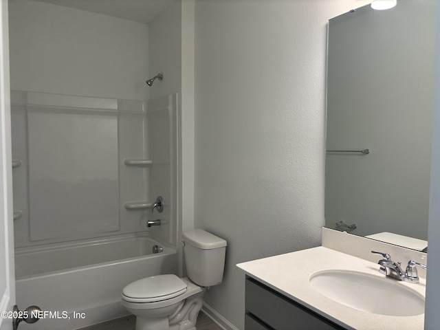 full bath with shower / bathtub combination, vanity, and toilet