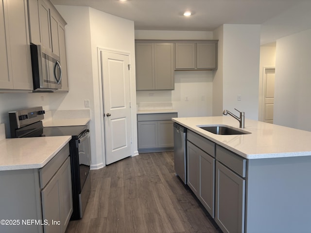 kitchen featuring appliances with stainless steel finishes, gray cabinets, and a sink