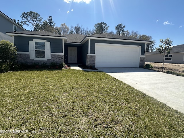 view of front of property featuring a front lawn, concrete driveway, a garage, and stone siding