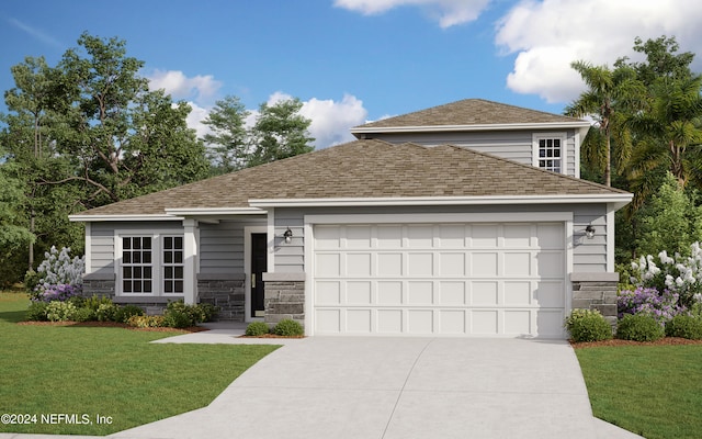 view of front of home with a garage, a shingled roof, stone siding, concrete driveway, and a front lawn