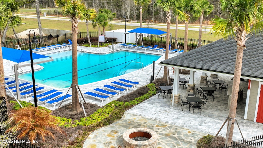 pool featuring a fenced backyard and a patio