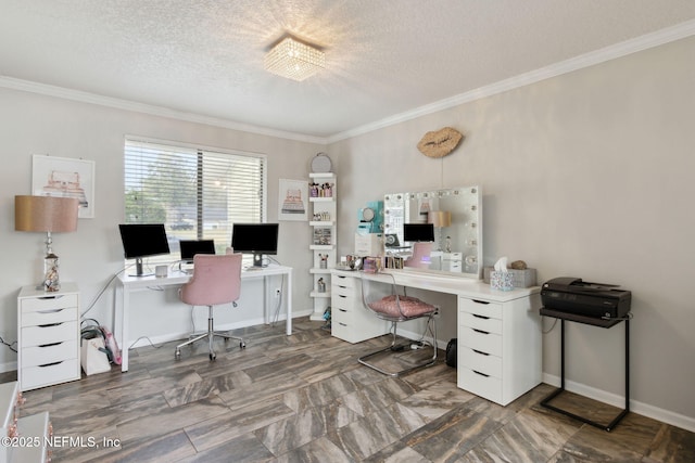 home office with ornamental molding and a textured ceiling