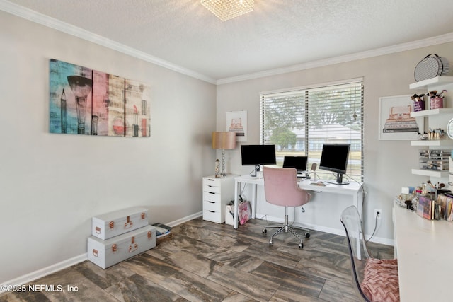 office area with ornamental molding and a textured ceiling