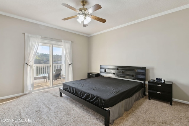 carpeted bedroom with ceiling fan, ornamental molding, and access to exterior