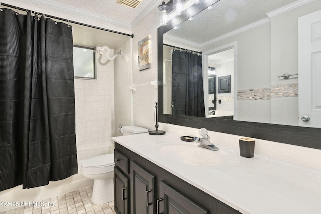 full bathroom featuring vanity, toilet, crown molding, tile patterned floors, and shower / bath combo with shower curtain