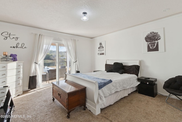 carpeted bedroom with access to outside and a textured ceiling