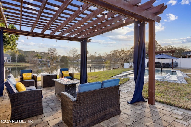 view of patio / terrace featuring a water view, an outdoor living space with a fire pit, and a pergola