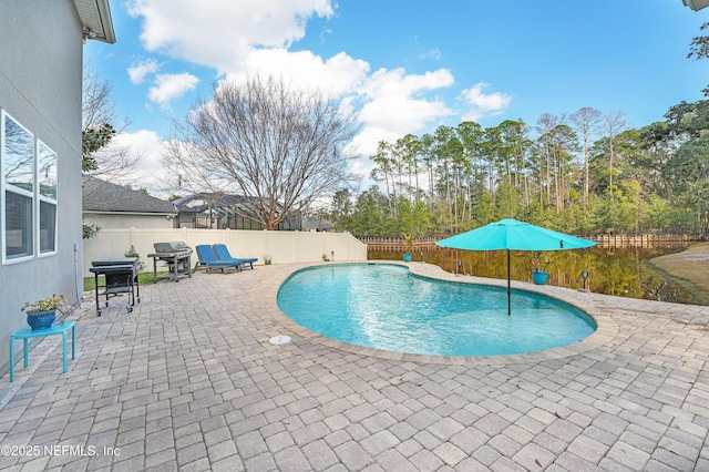 view of swimming pool with a grill and a patio