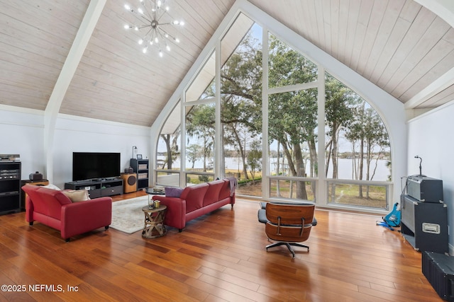 living room featuring a water view, wooden ceiling, expansive windows, and hardwood / wood-style flooring