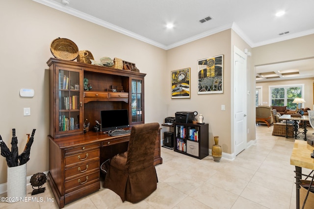 tiled home office featuring crown molding