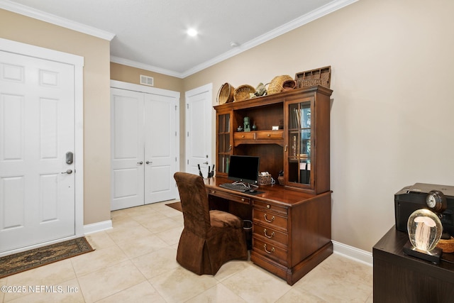 tiled office with ornamental molding