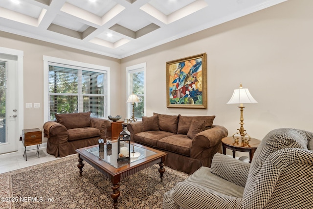 living room with tile patterned floors, coffered ceiling, and beam ceiling