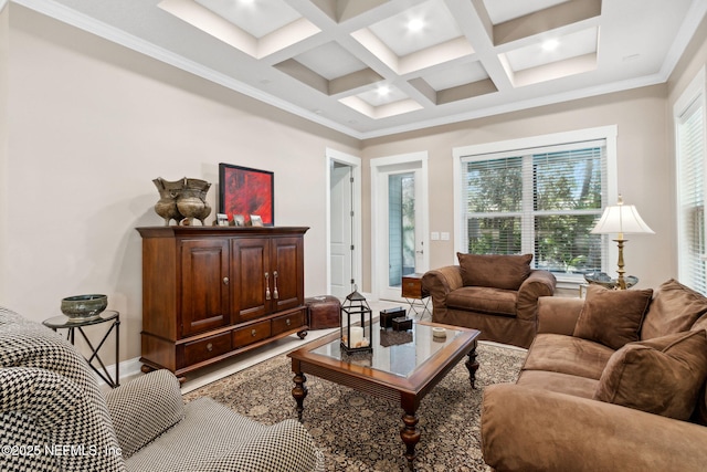 living room with ornamental molding, coffered ceiling, and beam ceiling