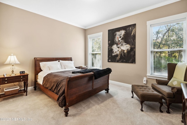 bedroom featuring light carpet and ornamental molding