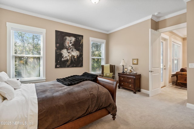 carpeted bedroom with crown molding