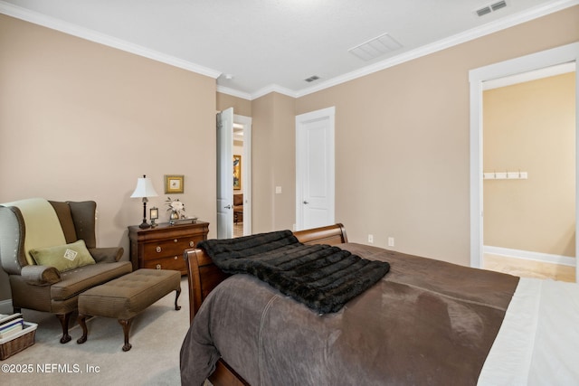 carpeted bedroom with ornamental molding