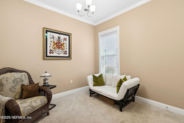 living area featuring light colored carpet, ornamental molding, and a chandelier