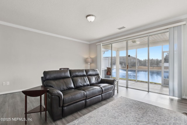 living room with a water view, ornamental molding, hardwood / wood-style floors, and a textured ceiling