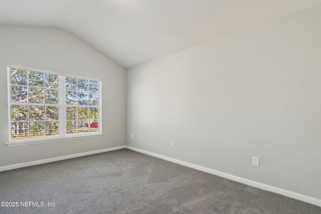 unfurnished room with vaulted ceiling, a textured ceiling, and carpet flooring