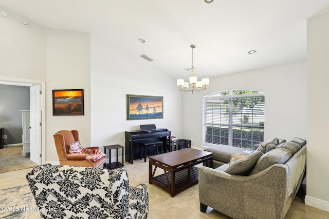 living room featuring baseboards, vaulted ceiling, a notable chandelier, and recessed lighting