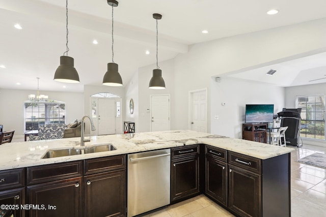 kitchen with vaulted ceiling with beams, a sink, open floor plan, stainless steel dishwasher, and pendant lighting