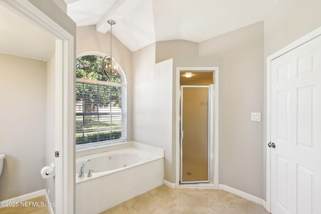 full bathroom featuring baseboards, lofted ceiling, a garden tub, tile patterned flooring, and a shower stall