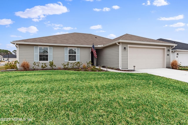 ranch-style home featuring a garage and a front lawn