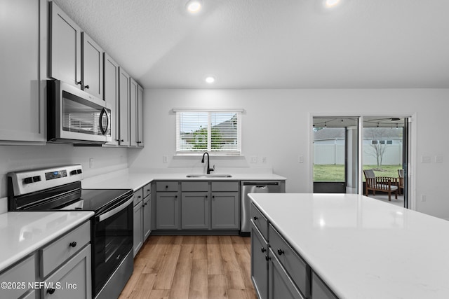 kitchen featuring gray cabinetry, sink, stainless steel appliances, and light hardwood / wood-style floors