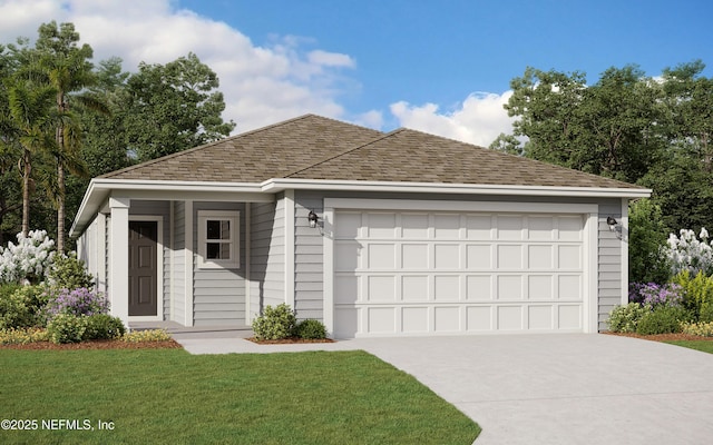 348 Salazar St, Saint Augustine, FL 32095 - ranch-style house featuring concrete driveway, a garage, a front lawn, and a shingled roof