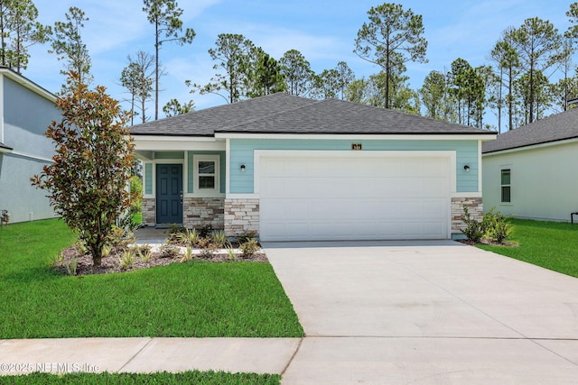 348 Salazar St, Saint Augustine, FL 32095 - view of front of property featuring stone siding, a garage, a front lawn, and concrete driveway
