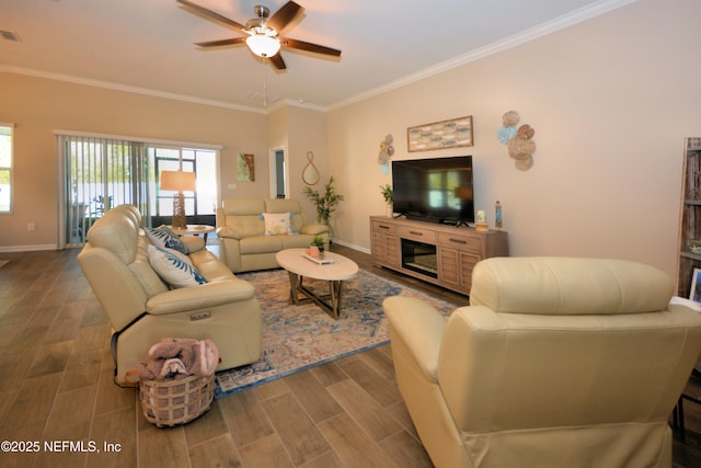 living room featuring wood-type flooring, ceiling fan, and crown molding