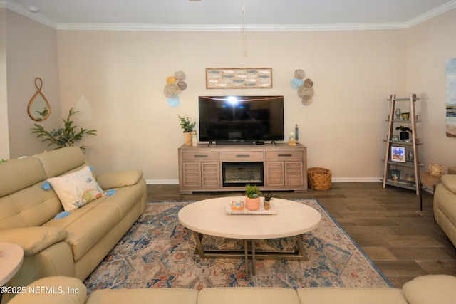 living room with dark wood-type flooring and crown molding