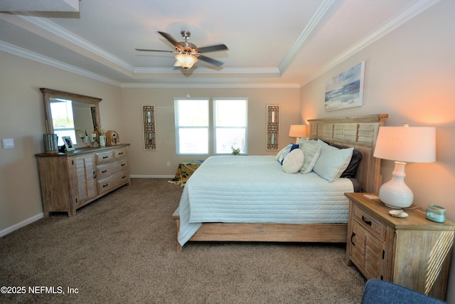 bedroom featuring ornamental molding, light colored carpet, a raised ceiling, and ceiling fan