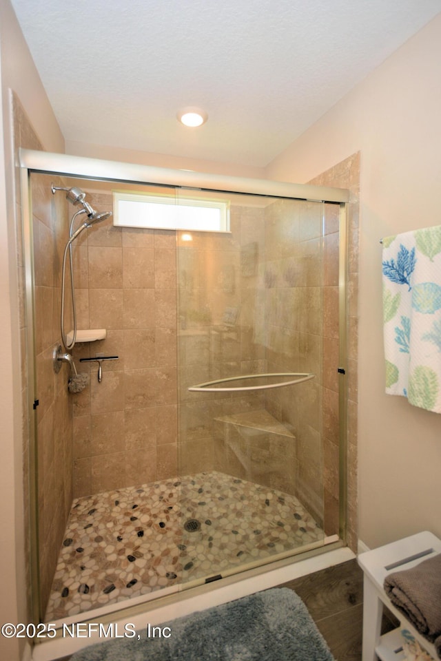 bathroom featuring a shower with shower door